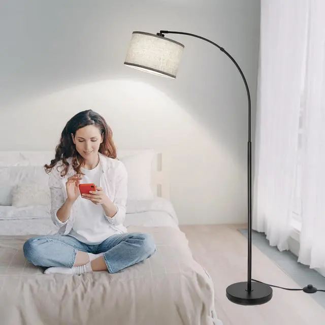 Alt view image 6 of 6 - Black Arc Floor Lamps for Living Room,Modern Standing Lamp with Adjustable Drum Lampshade Tall Pole Lamp with Foot Switch Over Couch Arched Floor Light for Reading Bedroom 8W LED Bulb Included