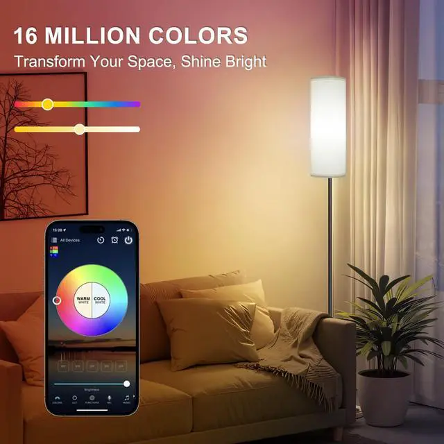 Alt view image 2 of 7 - Floor Lamp, Color Changing Ambient Lighting for Living Room & Gaming Decor, Smart Standing Lamp with App & Remote Control, Tall Corner Lamp for Bedroom, 9W 800LM, Foot Switch, White Shade
