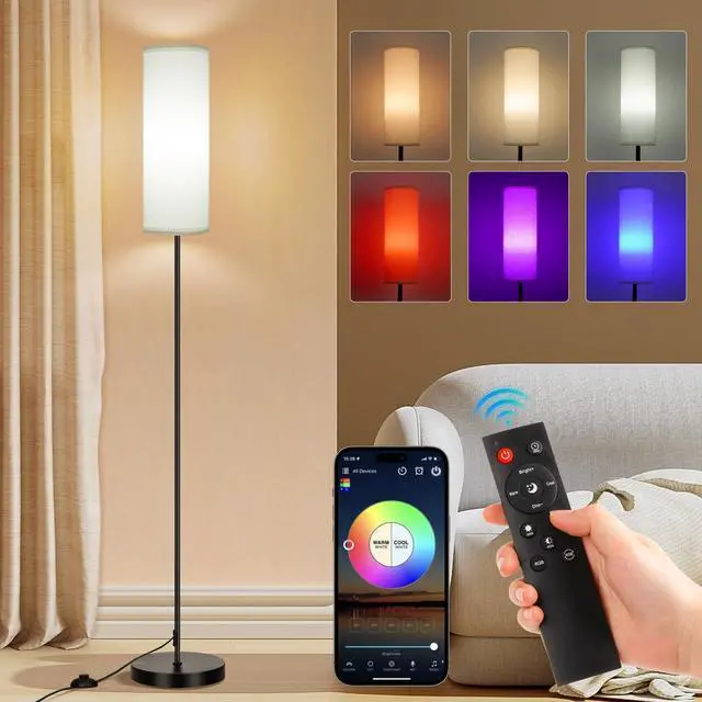 Main image of Floor Lamp, Color Changing Ambient Lighting for Living Room & Gaming Decor, Smart Standing Lamp with App & Remote Control, Tall Corner Lamp for Bedroom, 9W 800LM, Foot Switch, White Shade