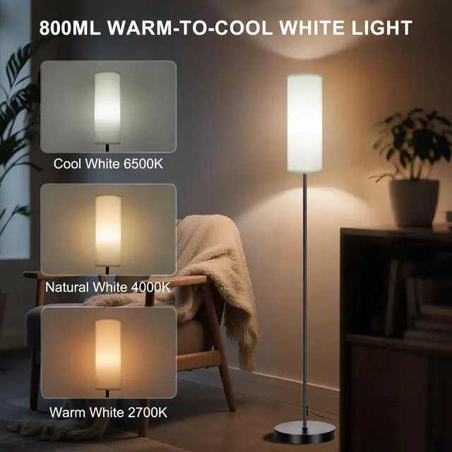 Alt view image 3 of 7 - Floor Lamp, Color Changing Ambient Lighting for Living Room & Gaming Decor, Smart Standing Lamp with App & Remote Control, Tall Corner Lamp for Bedroom, 9W 800LM, Foot Switch, White Shade