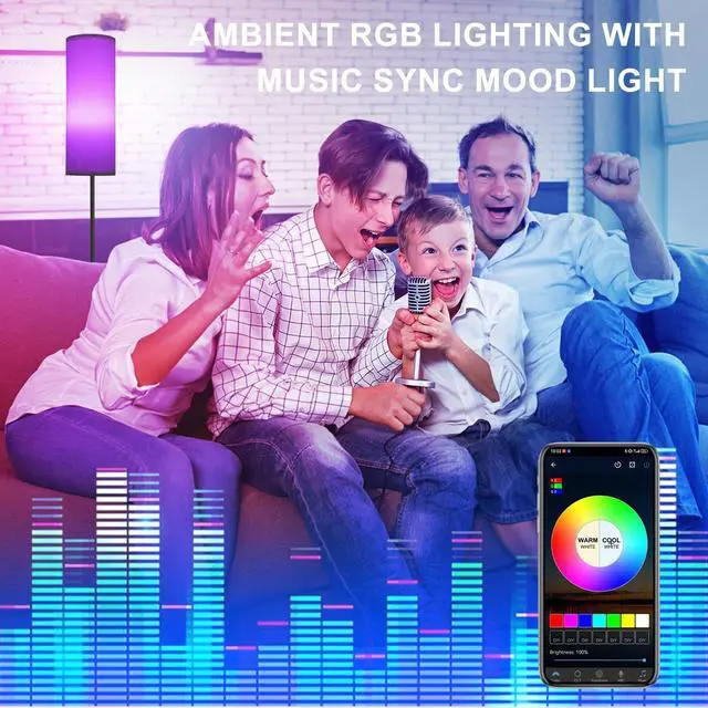 Alt view image 5 of 7 - Floor Lamp, Color Changing Ambient Lighting for Living Room & Gaming Decor, Smart Standing Lamp with App & Remote Control, Tall Corner Lamp for Bedroom, 9W 800LM, Foot Switch, White Shade