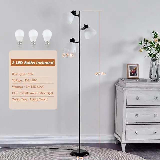 Alt view image 2 of 7 - Modern Tree Floor Lamp for Living Room Bedroom, Tall Pole Standing Lamps with 3 Adjustable Rotating Heads for Office, Decor Corner, Reading Indoor, 3 Bright Lights LED Bulbs Included (Black)
