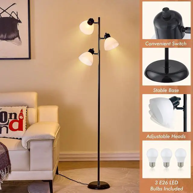 Alt view image 4 of 7 - Modern Tree Floor Lamp for Living Room Bedroom, Tall Pole Standing Lamps with 3 Adjustable Rotating Heads for Office, Decor Corner, Reading Indoor, 3 Bright Lights LED Bulbs Included (Black)