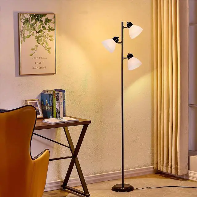Alt view image 5 of 7 - Modern Tree Floor Lamp for Living Room Bedroom, Tall Pole Standing Lamps with 3 Adjustable Rotating Heads for Office, Decor Corner, Reading Indoor, 3 Bright Lights LED Bulbs Included (Black)