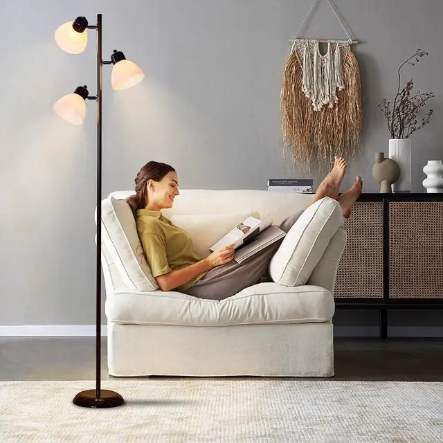 Alt view image 7 of 7 - Modern Tree Floor Lamp for Living Room Bedroom, Tall Pole Standing Lamps with 3 Adjustable Rotating Heads for Office, Decor Corner, Reading Indoor, 3 Bright Lights LED Bulbs Included (Black)