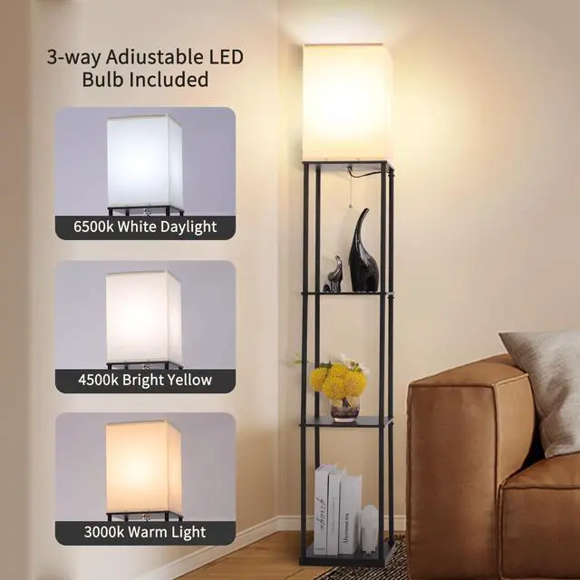 Alt view image 2 of 7 - Floor Lamp with Shelves, Modern Square Standing Lamp with 3 Color Temperature Bulb, Corner Display Bookshelf Lamp for Living Room, Bedroom and Office (Black)