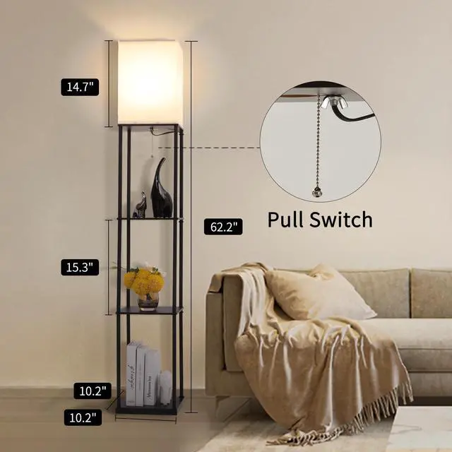 Alt view image 4 of 7 - Floor Lamp with Shelves, Modern Square Standing Lamp with 3 Color Temperature Bulb, Corner Display Bookshelf Lamp for Living Room, Bedroom and Office (Black)