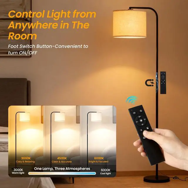 Alt view image 2 of 7 - Floor Lamp for Living Room and Bedroom - Modern Standing Lamps Tall with Dimmable LED Bulb and Remote Control - Black Stand Arc Light With Shade for Reading Home Decor Corner and officeBlack