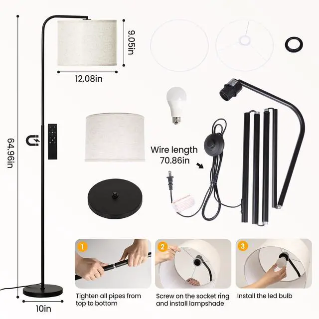 Alt view image 7 of 7 - Floor Lamp for Living Room and Bedroom - Modern Standing Lamps Tall with Dimmable LED Bulb and Remote Control - Black Stand Arc Light With Shade for Reading Home Decor Corner and officeBlack