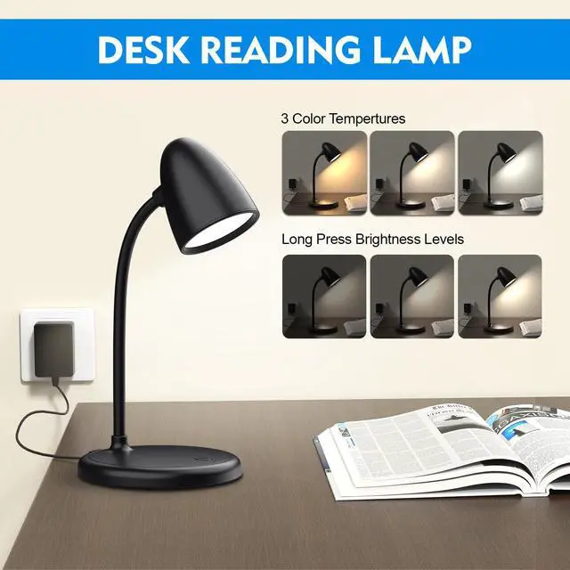 Alt view image 5 of 7 - LED Desk Lamp for Home Office,3 Light Colors,Table Lamp,Dimmable Reading Light for Bedside Small Desk Lamp for College Dorm Room,Bedroom Desk Light,Black