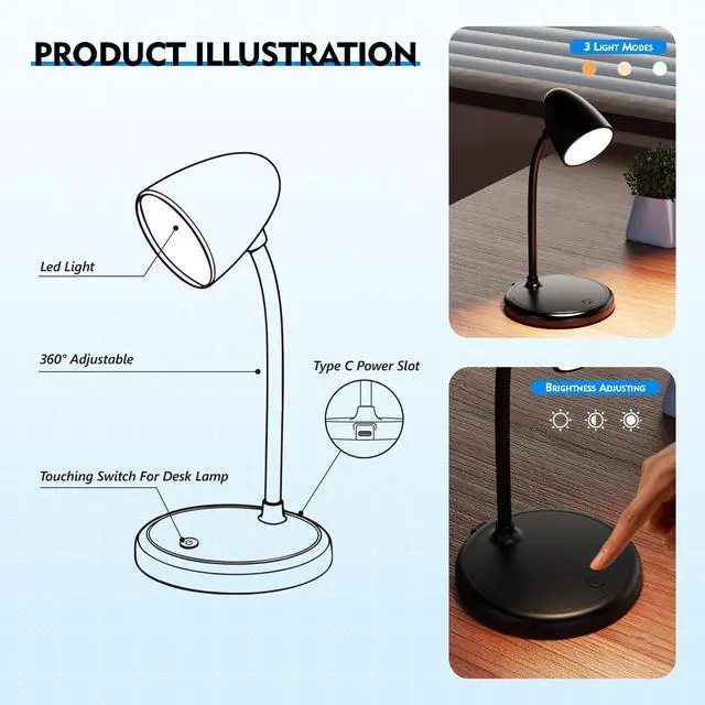 Alt view image 7 of 7 - LED Desk Lamp for Home Office,3 Light Colors,Table Lamp,Dimmable Reading Light for Bedside Small Desk Lamp for College Dorm Room,Bedroom Desk Light,Black