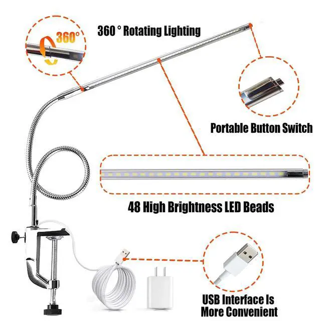 Alt view image 2 of 7 - Desk Light with Clamp, USB LED 8W Clip Nail Desk Lamp Eye Care Flexible Gooseneck 360° Clamp Light for Manicure Reading Eyebrow Office Tattoo