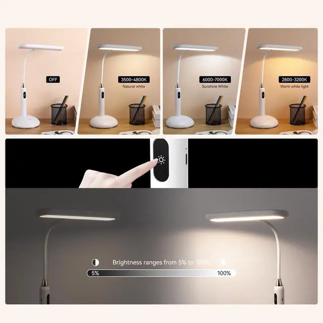 Alt view image 2 of 7 - LED Desk Lamp 6778B - Touch Control, Adjustable 2700-7000K Color Temperature, 700 Lumens, 360° Flexible Gooseneck, USB-C Charging, 2.5hrs Cordless, Eye-Caring Light (White)