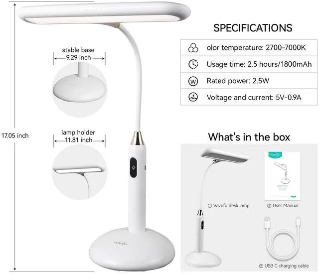 Alt view image 5 of 7 - LED Desk Lamp 6778B - Touch Control, Adjustable 2700-7000K Color Temperature, 700 Lumens, 360° Flexible Gooseneck, USB-C Charging, 2.5hrs Cordless, Eye-Caring Light (White)