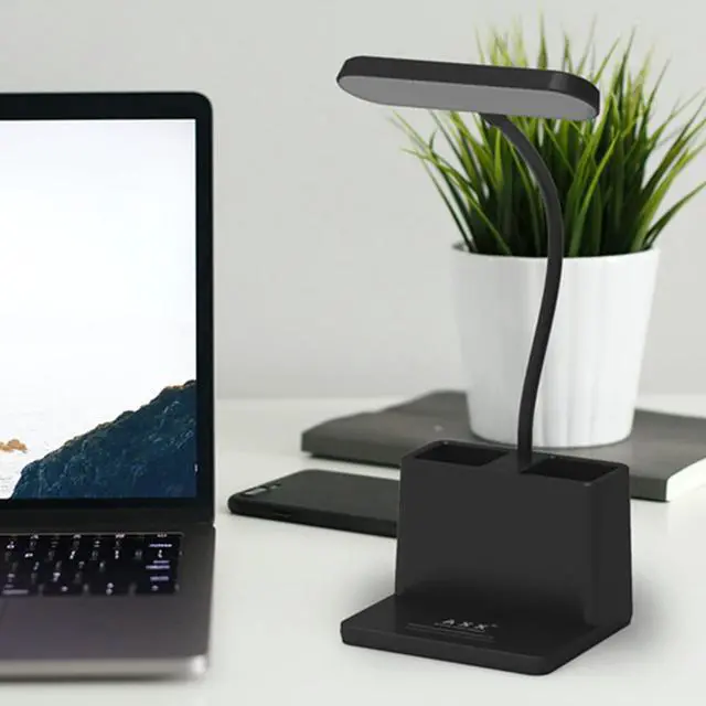 Alt view image 2 of 7 - Black LED Desk Lamp for Home Office Bedroom, Battery Operated Table Light for Computer Desktop, Small, Cute, Dimmable, Rechargeable, Flexible Gooseneck, Pen Holder, Phone Mount, Touch Control