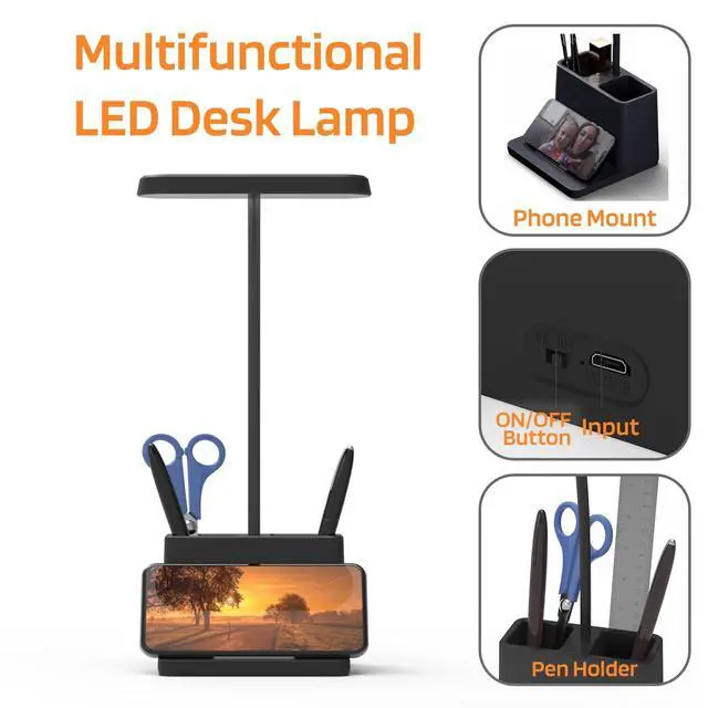 Alt view image 4 of 7 - Black LED Desk Lamp for Home Office Bedroom, Battery Operated Table Light for Computer Desktop, Small, Cute, Dimmable, Rechargeable, Flexible Gooseneck, Pen Holder, Phone Mount, Touch Control
