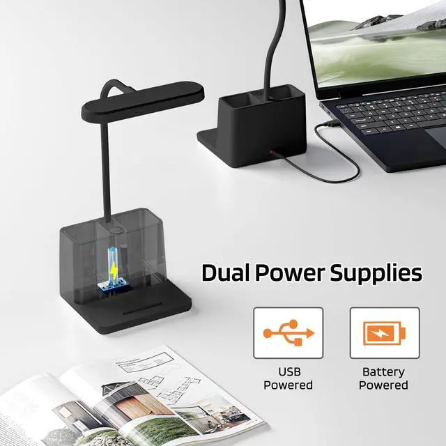Alt view image 5 of 7 - Black LED Desk Lamp for Home Office Bedroom, Battery Operated Table Light for Computer Desktop, Small, Cute, Dimmable, Rechargeable, Flexible Gooseneck, Pen Holder, Phone Mount, Touch Control