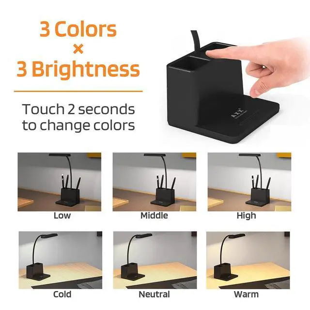 Alt view image 3 of 7 - Black LED Desk Lamp for Home Office Bedroom, Battery Operated Table Light for Computer Desktop, Small, Cute, Dimmable, Rechargeable, Flexible Gooseneck, Pen Holder, Phone Mount, Touch Control