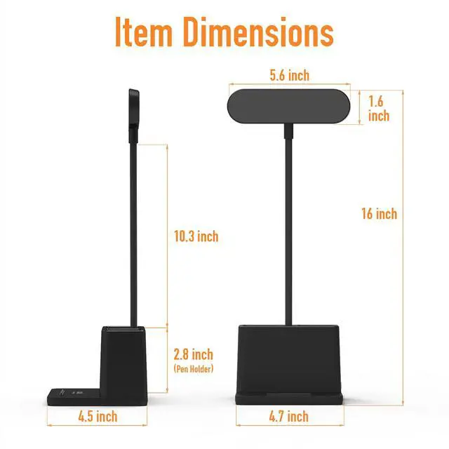 Alt view image 7 of 7 - Black LED Desk Lamp for Home Office Bedroom, Battery Operated Table Light for Computer Desktop, Small, Cute, Dimmable, Rechargeable, Flexible Gooseneck, Pen Holder, Phone Mount, Touch Control