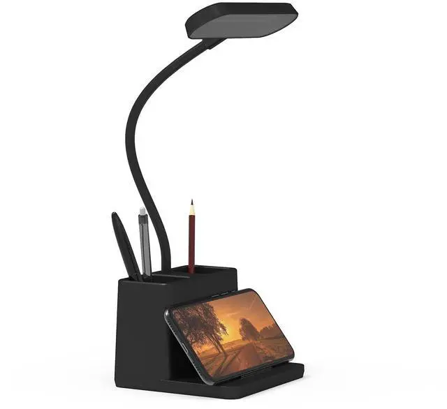 Main image of Black LED Desk Lamp for Home Office Bedroom, Battery Operated Table Light for Computer Desktop, Small, Cute, Dimmable, Rechargeable, Flexible Gooseneck, Pen Holder, Phone Mount, Touch Control