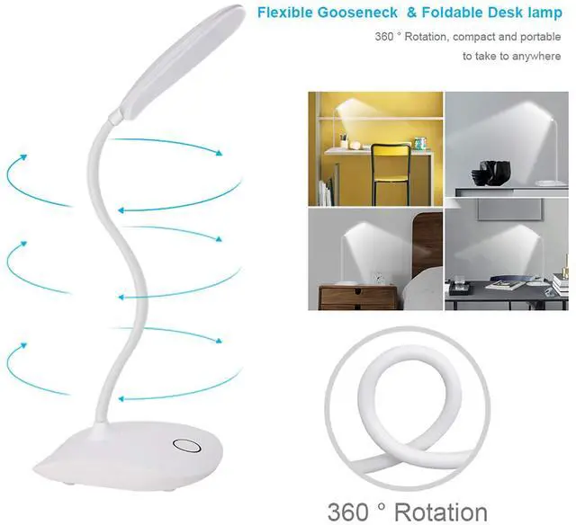 Alt view image 3 of 7 - LED Desk Lamp with Flexible Gooseneck 3 Level Brightness, Battery Operated Table Lamp 5W Touch Control,Compact Portable lamp for Dorm Study Office Bedroom,Eye-Caring and Energy Saving