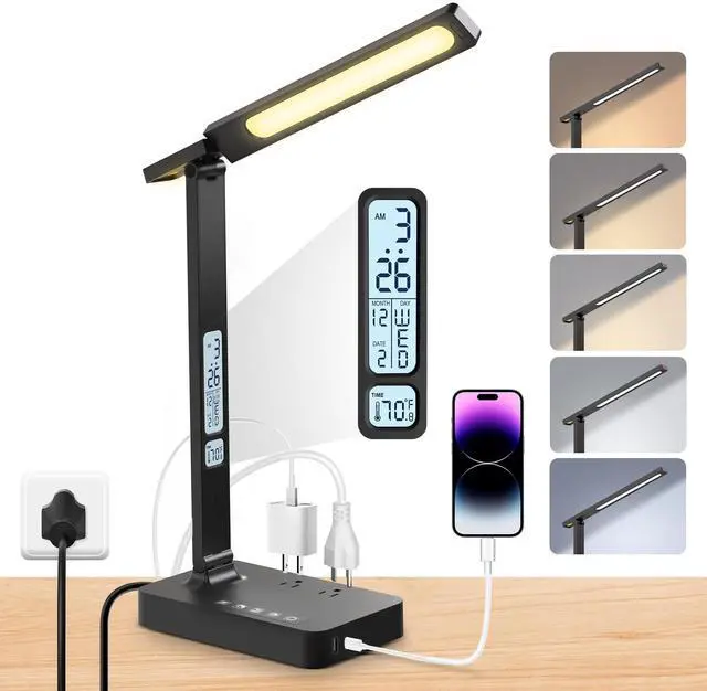 Main image of Power Strip with LED Desk Lamp: Table Lamp with Charging Station - 2 Outlets 1 USB-A Ports 1 Type-C Ports, Surge Protection and Led Display, 5ft Extension Cord, 5 Color Modes 5 Brightness