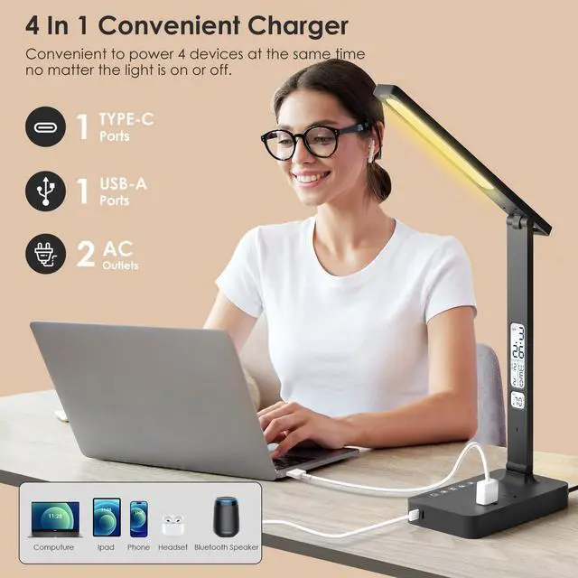 Alt view image 2 of 7 - Power Strip with LED Desk Lamp: Table Lamp with Charging Station - 2 Outlets 1 USB-A Ports 1 Type-C Ports, Surge Protection and Led Display, 5ft Extension Cord, 5 Color Modes 5 Brightness