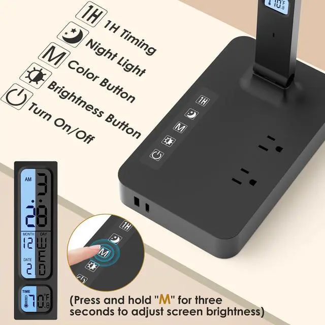 Alt view image 4 of 7 - Power Strip with LED Desk Lamp: Table Lamp with Charging Station - 2 Outlets 1 USB-A Ports 1 Type-C Ports, Surge Protection and Led Display, 5ft Extension Cord, 5 Color Modes 5 Brightness