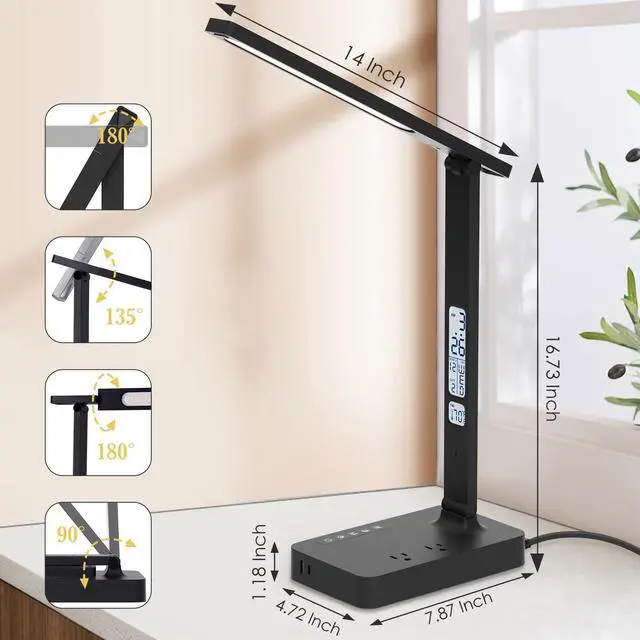 Alt view image 7 of 7 - Power Strip with LED Desk Lamp: Table Lamp with Charging Station - 2 Outlets 1 USB-A Ports 1 Type-C Ports, Surge Protection and Led Display, 5ft Extension Cord, 5 Color Modes 5 Brightness