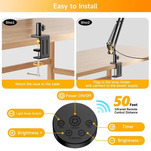 Alt view image 3 of 6 - Led Desk Lamp for Home Office - 2400LM Ultra Bright Desk Light -Eye Caring Desk Lamp with Clamp - Adjustable Office Lamp with Remote Control- Easy Installation - 24W Black