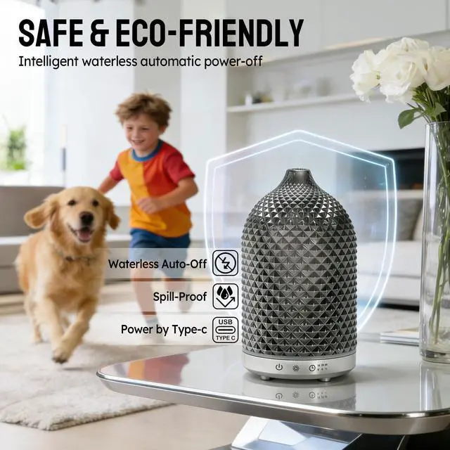 Alt view image 3 of 7 - Essential Oil Diffuser 150ml, Glass Aromatherapy Diffuser with Ultrasonic Cool Mist, 7 Color LED Lights, 1/2/4H Timer, Quiet Auto Shut-Off Oil Diffuser for Bedroom, Home, Office (Silvery)