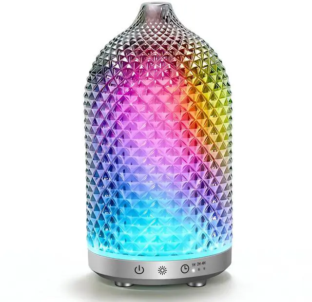 Main image of Essential Oil Diffuser 150ml, Glass Aromatherapy Diffuser with Ultrasonic Cool Mist, 7 Color LED Lights, 1/2/4H Timer, Quiet Auto Shut-Off Oil Diffuser for Bedroom, Home, Office (Silvery)