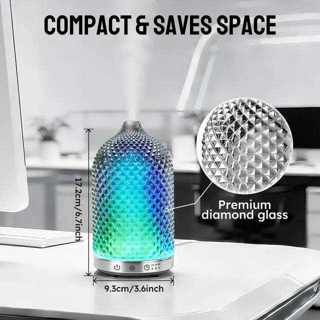 Alt view image 5 of 7 - Essential Oil Diffuser 150ml, Glass Aromatherapy Diffuser with Ultrasonic Cool Mist, 7 Color LED Lights, 1/2/4H Timer, Quiet Auto Shut-Off Oil Diffuser for Bedroom, Home, Office (Silvery)
