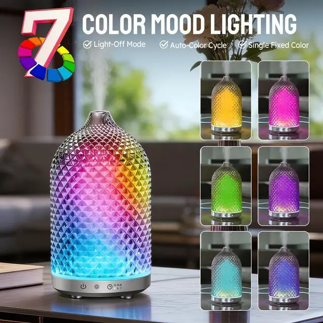 Alt view image 2 of 7 - Essential Oil Diffuser 150ml, Glass Aromatherapy Diffuser with Ultrasonic Cool Mist, 7 Color LED Lights, 1/2/4H Timer, Quiet Auto Shut-Off Oil Diffuser for Bedroom, Home, Office (Silvery)