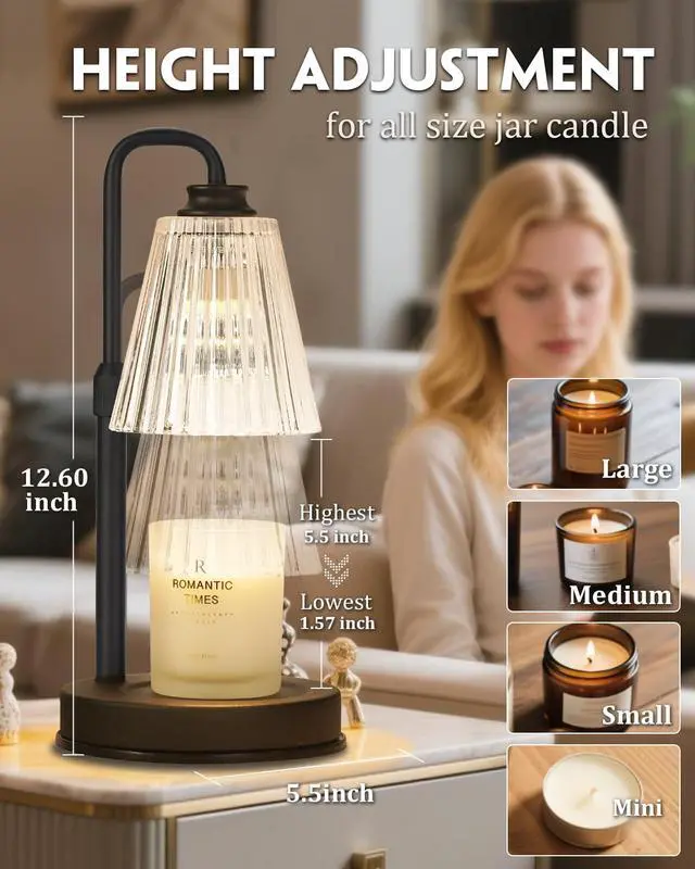 Alt view image 3 of 7 - Candle Warmer Lamp with Timer Dimmable Crystal Vertical Stripe,Mothers Day Birthday Gifts for Women Mom, Adjustable Candle Warmer with 2 Bulbs, Black Candle Lamp for Jar Scented Candles, Home Decor