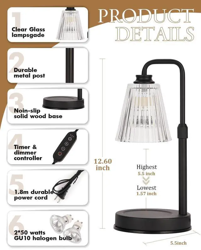 Alt view image 5 of 7 - Candle Warmer Lamp with Timer Dimmable Crystal Vertical Stripe,Mothers Day Birthday Gifts for Women Mom, Adjustable Candle Warmer with 2 Bulbs, Black Candle Lamp for Jar Scented Candles, Home Decor