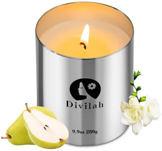 Main image of English Pear&Freesia Scented Candles, 65 Hour Long Lasting Non Toxic Natural Soy Wax in Silver Aluminum Jar, Luxury Large Home Decorative Scented Candle, Aromatherapy Gift for Women, Men,9.9oz