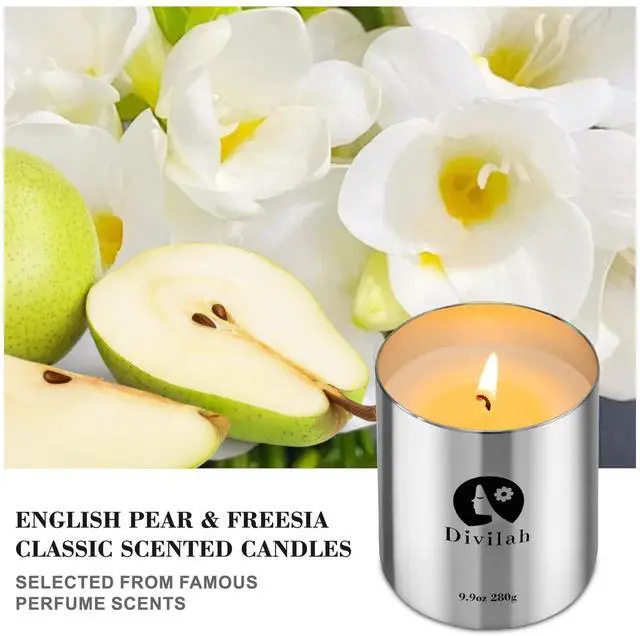 Alt view image 3 of 7 - English Pear&Freesia Scented Candles, 65 Hour Long Lasting Non Toxic Natural Soy Wax in Silver Aluminum Jar, Luxury Large Home Decorative Scented Candle, Aromatherapy Gift for Women, Men,9.9oz