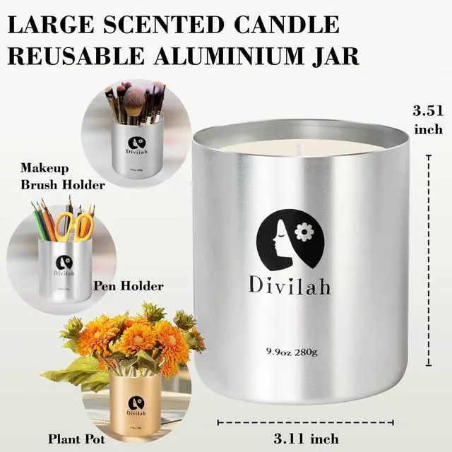 Alt view image 5 of 7 - English Pear&Freesia Scented Candles, 65 Hour Long Lasting Non Toxic Natural Soy Wax in Silver Aluminum Jar, Luxury Large Home Decorative Scented Candle, Aromatherapy Gift for Women, Men,9.9oz