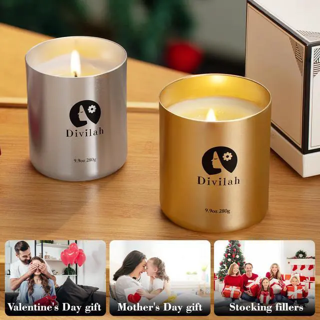 Alt view image 7 of 7 - English Pear&Freesia Scented Candles, 65 Hour Long Lasting Non Toxic Natural Soy Wax in Silver Aluminum Jar, Luxury Large Home Decorative Scented Candle, Aromatherapy Gift for Women, Men,9.9oz