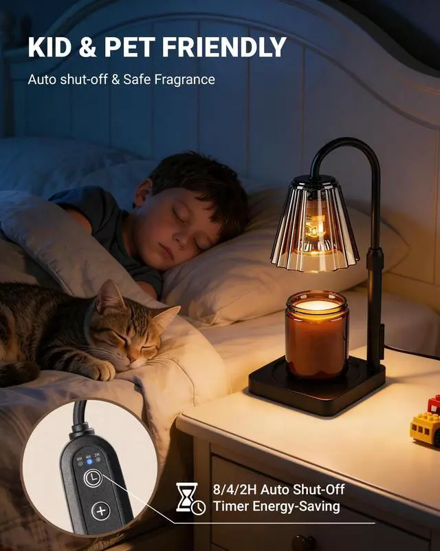 Alt view image 3 of 7 - Candle Warmer Lamp with Timer & Dimmer, Shatterproof PC Shade, Adjustable Height for Jar Candles up to 5.3" Tall, Modern Black Electric Wax Melt Warmer for Bedroom Dorm Office, Gift, 2 Bulbs