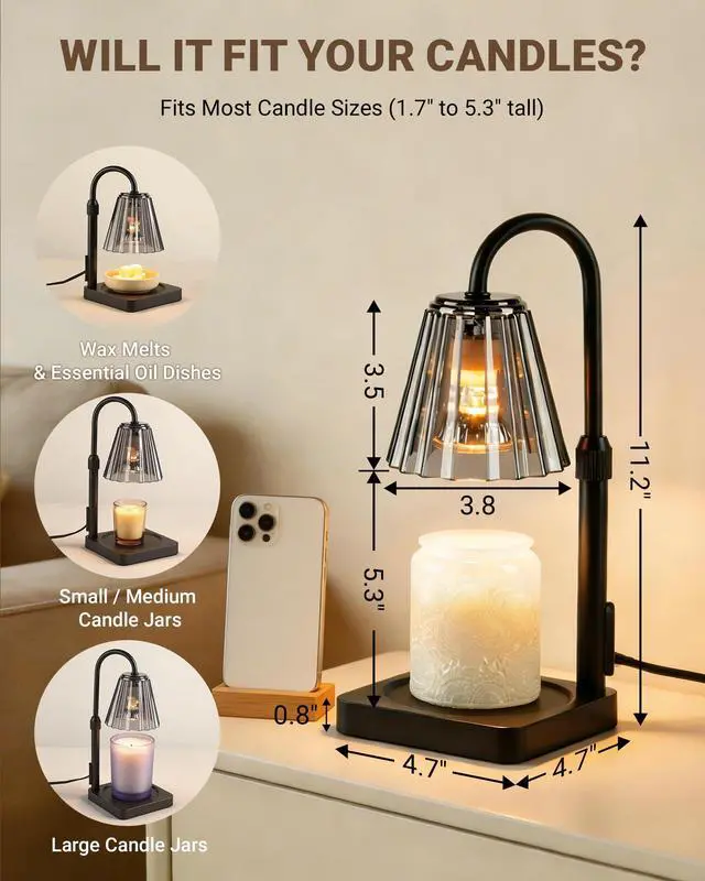 Alt view image 5 of 7 - Candle Warmer Lamp with Timer & Dimmer, Shatterproof PC Shade, Adjustable Height for Jar Candles up to 5.3" Tall, Modern Black Electric Wax Melt Warmer for Bedroom Dorm Office, Gift, 2 Bulbs