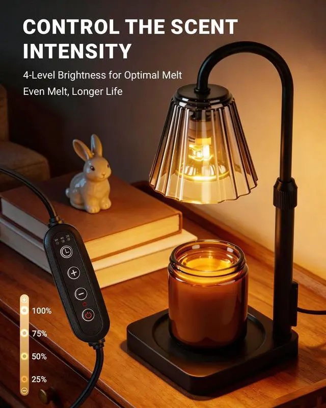 Alt view image 6 of 7 - Candle Warmer Lamp with Timer & Dimmer, Shatterproof PC Shade, Adjustable Height for Jar Candles up to 5.3" Tall, Modern Black Electric Wax Melt Warmer for Bedroom Dorm Office, Gift, 2 Bulbs