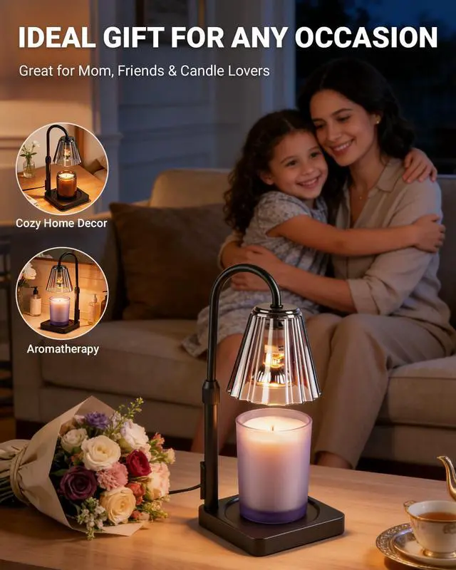 Alt view image 7 of 7 - Candle Warmer Lamp with Timer & Dimmer, Shatterproof PC Shade, Adjustable Height for Jar Candles up to 5.3" Tall, Modern Black Electric Wax Melt Warmer for Bedroom Dorm Office, Gift, 2 Bulbs