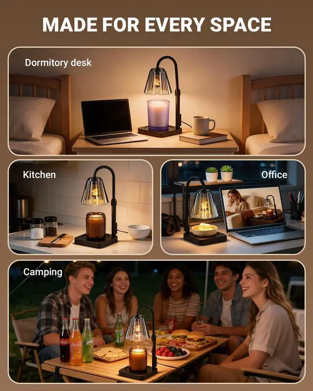 Alt view image 4 of 7 - Candle Warmer Lamp with Timer & Dimmer, Shatterproof PC Shade, Adjustable Height for Jar Candles up to 5.3" Tall, Modern Black Electric Wax Melt Warmer for Bedroom Dorm Office, Gift, 2 Bulbs