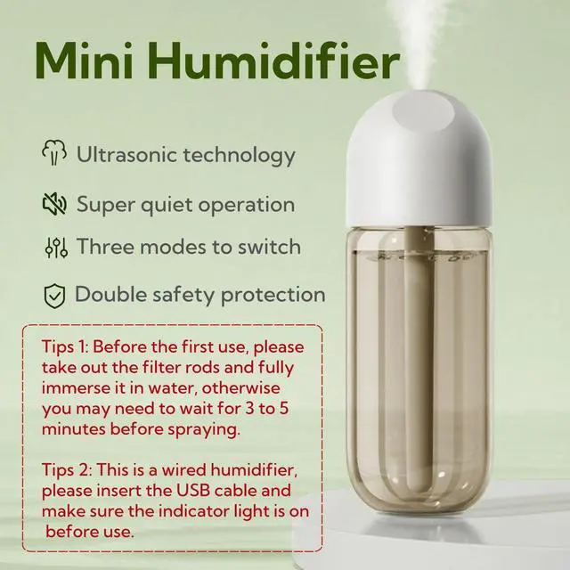 Alt view image 2 of 7 - Portable Small Humidifier Dual Nozzle - Large Cool Mist Humidifiers Double Spray Ports, Water Shortage Protection, Ultra-Quiet, Mini Humidifier for Bedroom Plants Office Car Travel (P05)
