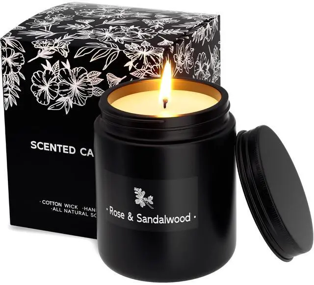 Main image of Rose & Sandalwood Black Scented Candles for Men - 7.6oz Soy Wax Candle for Home Scented - Men Candle Gifts, Father's Day, Christmas Gift for Husband, Boyfriend, Father
