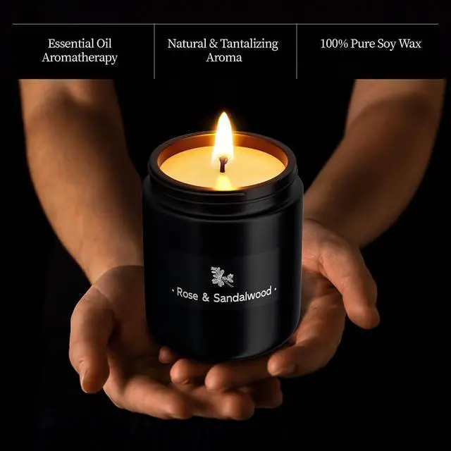 Alt view image 2 of 7 - Rose & Sandalwood Black Scented Candles for Men - 7.6oz Soy Wax Candle for Home Scented - Men Candle Gifts, Father's Day, Christmas Gift for Husband, Boyfriend, Father