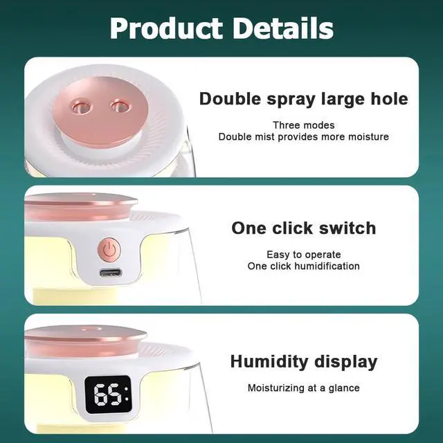 Alt view image 2 of 7 - Double Spray Humidifier,1L Silent USB Digital Display Humidifier with 2 Mist Modes & Night Light for Car Office Home Room