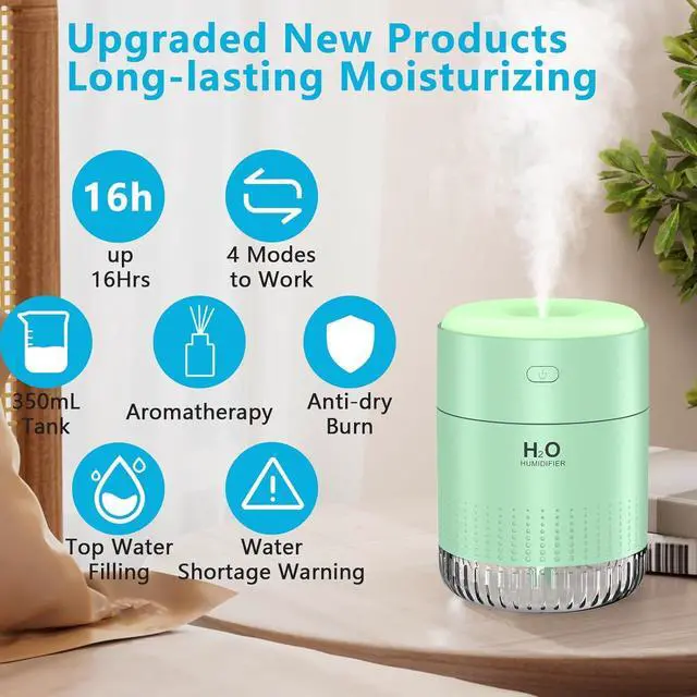 Alt view image 2 of 6 - Portable Mini Humidifier, 500ML USB Personal Cool Mist Humidifiers for Bedroom Office Travel Desk, Whisper Quiet 20dB with 2 Mist Modes & Auto Shut-Off, Small Desktop Humidifier(Green)